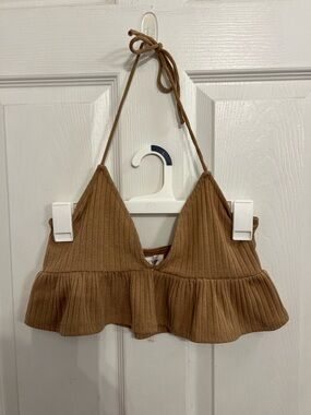 Privacy Please Caramel Ribbed Halter Crop Top